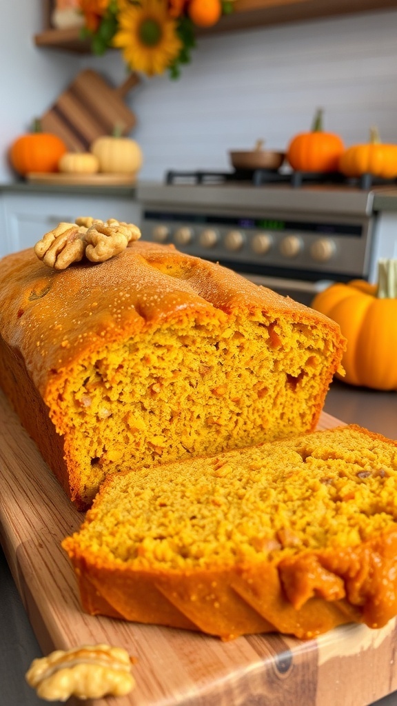 Sliced low sugar pumpkin bread on a wooden cutting board, garnished with cinnamon and walnuts.